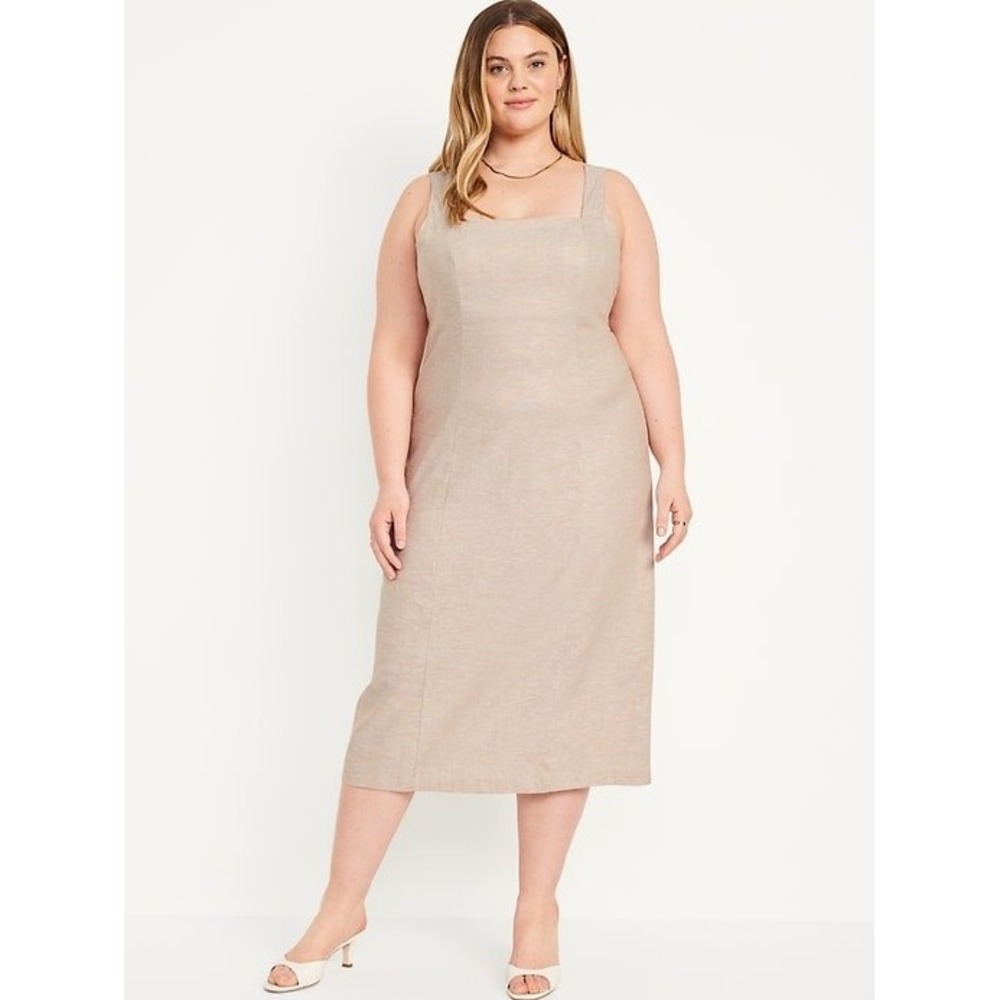 Old Navy Linen Blend Midi Dress‎ Neutral Tan Beige Sleeveless Size Extra Large